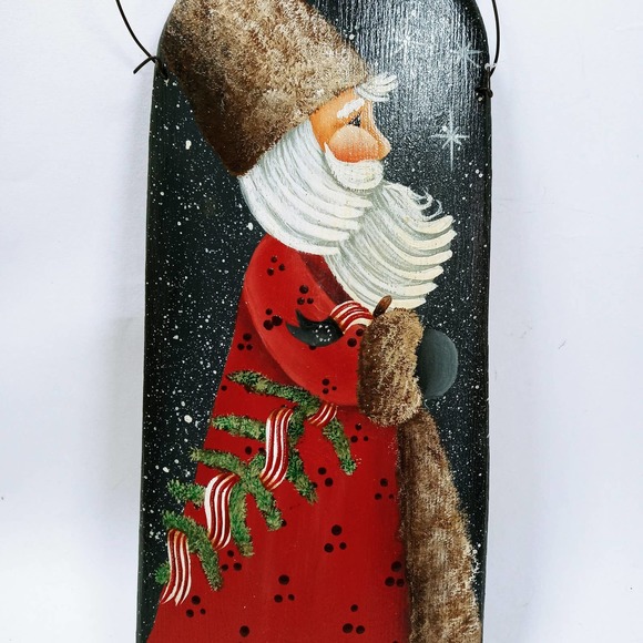 Vtg Father Christmas Wood Rustic Wall Art Starry Night Sky Hand Painted (cby) - Picture 4 of 5